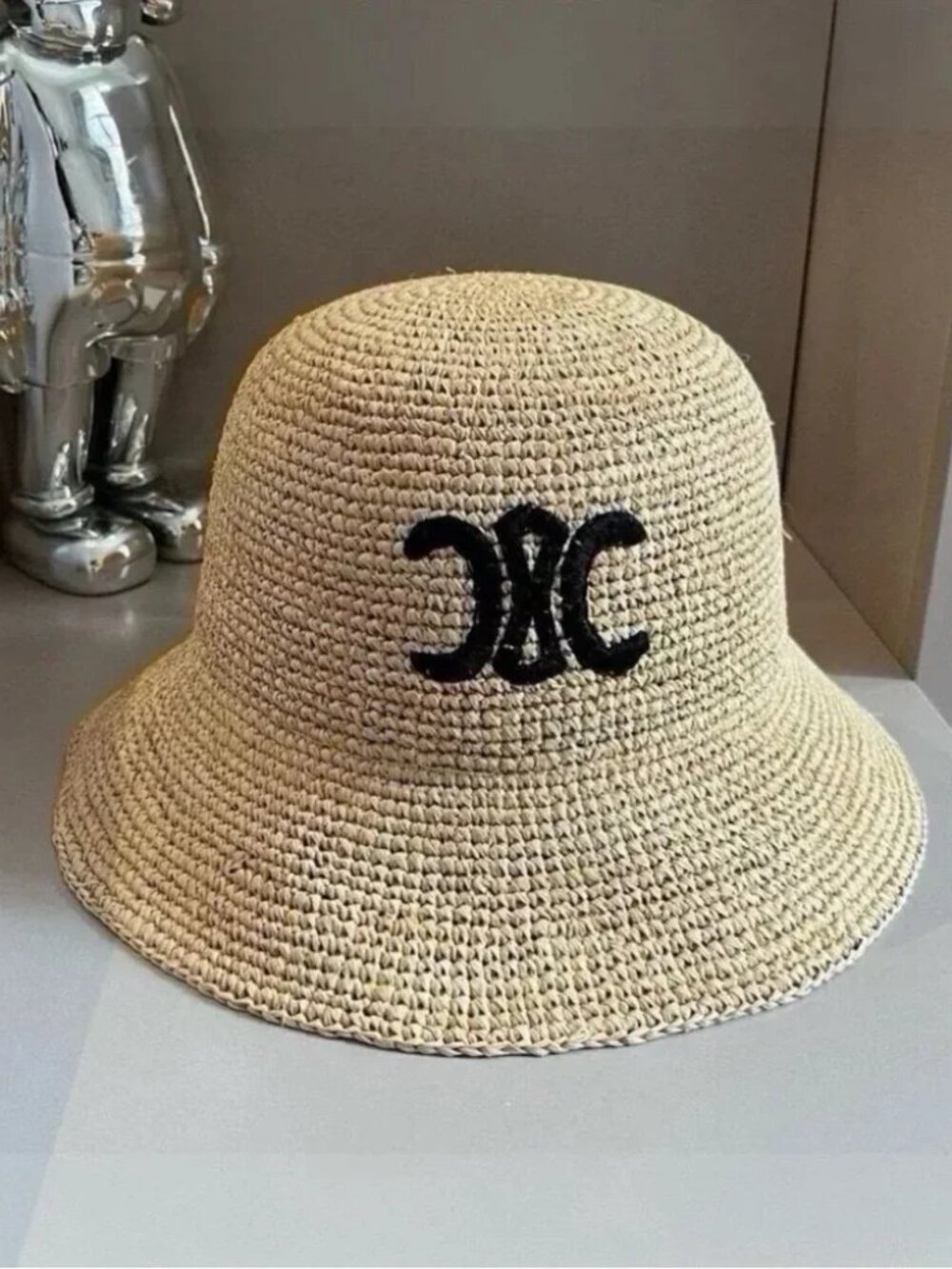 Celine Triomphe Raffia Bucket Hat Natural Straw Embroidered Triomphe Logo Sun Ha